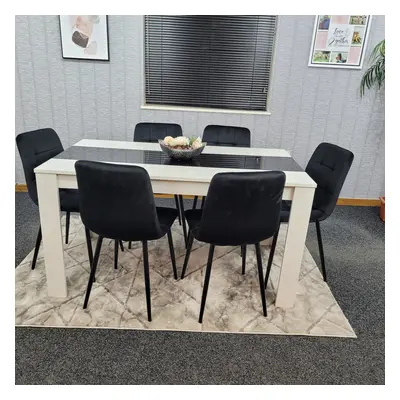 Kitchen Dining Table Set Of Wooden Table Black Velvet Tufted Chairs