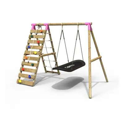 (Eden, Pink) Rebo Wooden Swing Set with Up and Over Climbing Wall