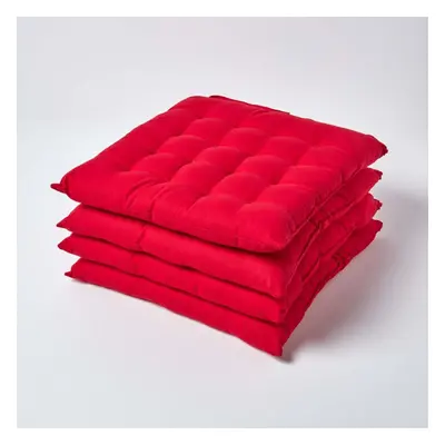 (Set of 4, Red) Plain Seat Pad with Button Straps 100% Cotton