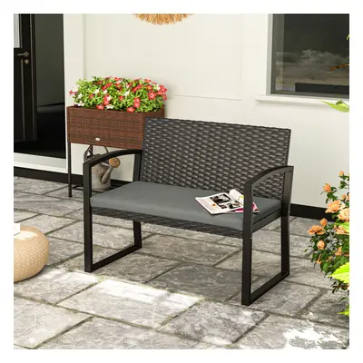 Outsunny Seater Rattan Garden Bench with Cushion, Steel Frame, Dark Grey