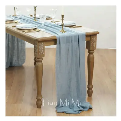 (62x1000cm, Dust blue) Table Runner Rustic Cotton Gauze Cloth Dining Burlap Retro Burr Texture V