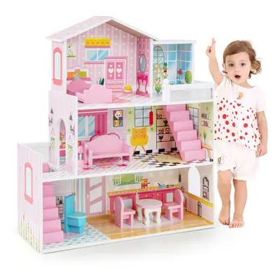 Kids Wooden Play House Rooms Family Dollhouse Playset w/ Furniture