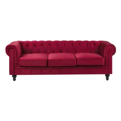 3 Seater Velvet Fabric Sofa Red CHESTERFIELD