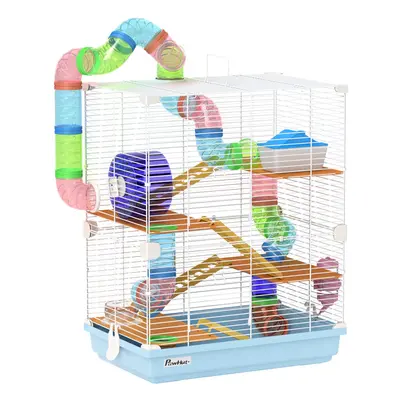 Pawhut Tier Hamster Cage Carrier Habitat w/ Exercise Wheels, Light Blue