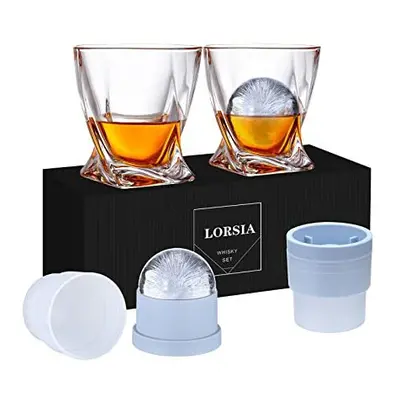 Whisky Glass, Set of (2 Crystal Tumbler Glasses, Large Ice Ball Moulds) in Gift Box - 330ml Whis