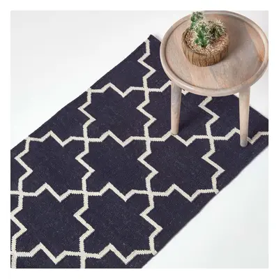 (66 x cm) Edmonton Navy Blue and White 100% Cotton Geometric Pattern KIlim Rug