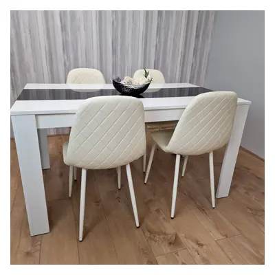 White Black Dining Table Wooden with Cream Stitched Leather Chairs