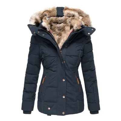 (M, blue) Women's Winter Warm Fur Collar Cotton Zippered Long-sleeved Slim Hooded Cotton Coat