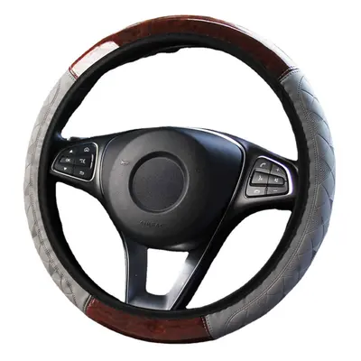 (Black) Wood Grain Leather Car Steering Wheel Cover Protective Cover Universal Non-slip