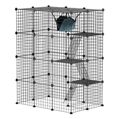 PawHut 4-Tier Cat Cage Indoor, DIY Cat Playpen with Hammock, Ramps, Doors