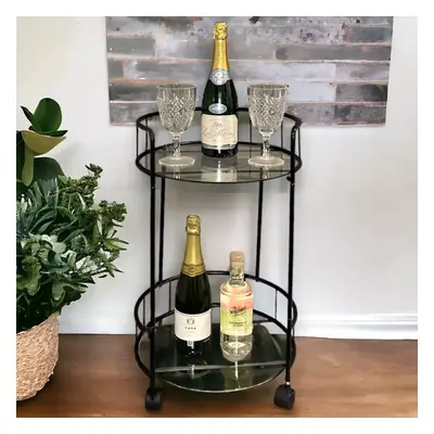 Round Tier Trolley Two Glass Shelves Mini Bar Cart Drinks Table Gold