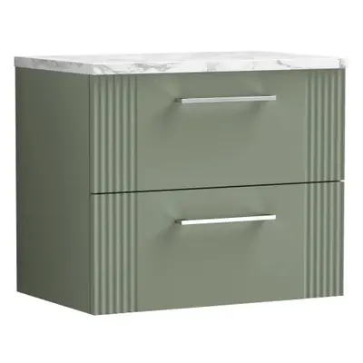 Retro Drawer Wall Hung Vanity Unit with Carrera Marble Laminate Worktop - 600mm - Satin Green - 