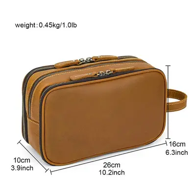 (Light Brown(26cm)) Genuine leather toiletry travel bag for men women black luxury style makeup 