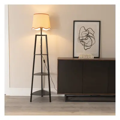 ValueLights Hiru Rust Trim Scallop Shade Tier Black Floor Lamp & Bulb