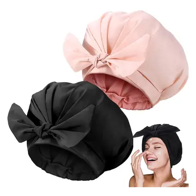 2 Pack Shower Caps Adjustable Bow Shower Caps Reusable (Pink, Black)