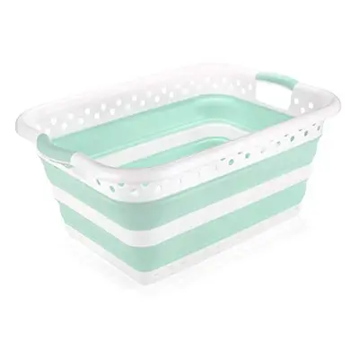 517934 Foldable Rectangular Laundry Basket, White & Aqua Haze, litre