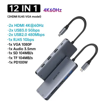 (12 in 1D(2HDMI VGA) MOKiN 12-in-1 Gen USB C HUB 4K@60Hz HDMI DP 3* USB 3.0 Type C Port SD/TF PD