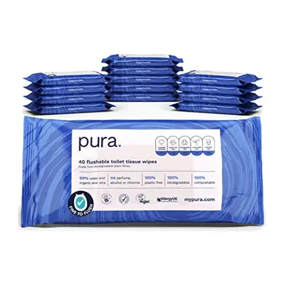 Pura Flushable Moist Toilet Tissue Wipes, x wipes per pack (560 Wipes) 100% Plastic Free, 99% Wa