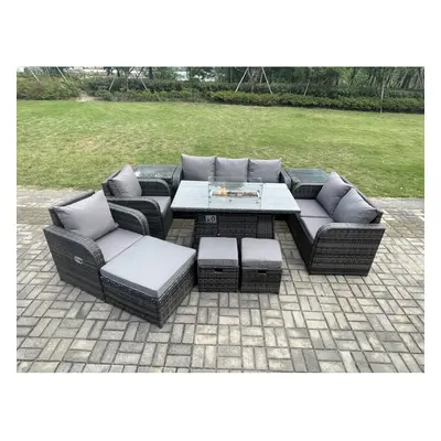 Fimous Outdoor Rattan Garden Furniture Set Propane Gas Fire Pit Table and Sofa Chair set with Fo