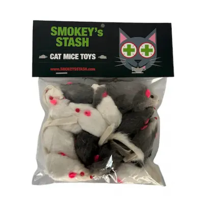 Smokey's Stash Rabbit Fur Mouse Cat Toy per Pack White and Gray Fuzzy Toys for Cats with Rattle 