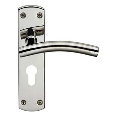 Curved Lever on Euro Lock Backplate Handle x 44mm Polished & Satin Steel