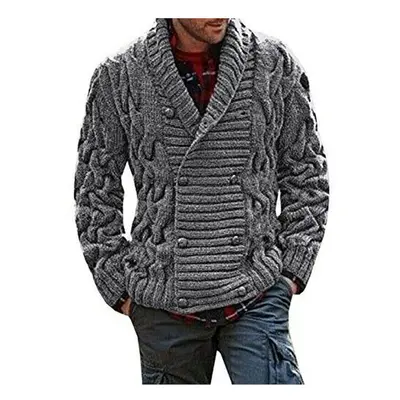 (Gray, L) Men's Thick Double Breasted Cable Knitted Shawl Collar Knitwear Cardigan Sweater