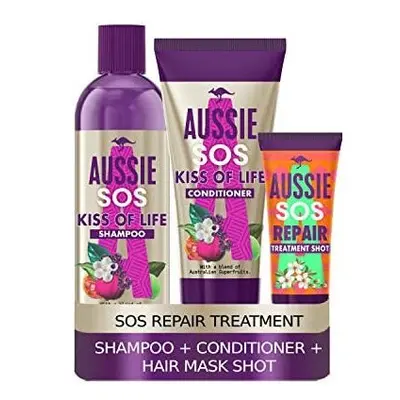 Aussie SOS Shampoo And Conditioner Set + Intense Shot Hair Mask for Dry Damaged Hair, Kiss Of Li