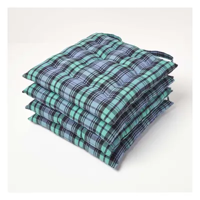 (Set of 4) Blackwatch Tartan Seat Pad with Button Straps 100% Cotton