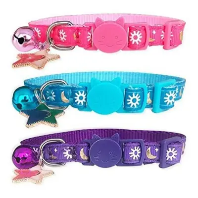 3pcs Breakaway Cat Collars With Bell Golden Moon Glowing Sun And Star In The Dark For Kitten Wit