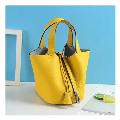 (Golden yellow (head layer cowhide), small) New Litchi Pattern Casual Dish, Bag Leather, Fashion