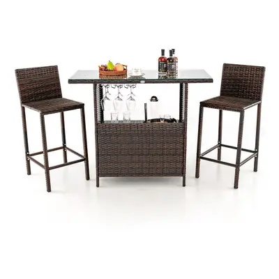 3 Piece Patio Wicker Garden Bar Set Rattan Bar Height Table Hidden Storage Shelf