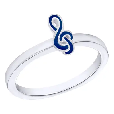 (P) Jewelco London Sterling Silver Blue Enamel Musical Treble Clef 1.5mm Charm Ring, 10mm - 8-80