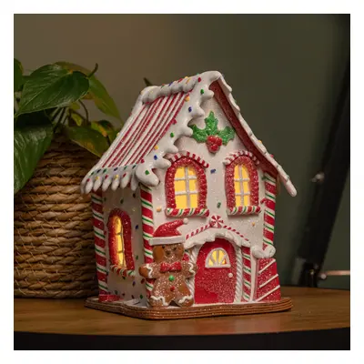 20cm Battery Operated Light up Gingerbread Candy Cabin with Warm White LEDs