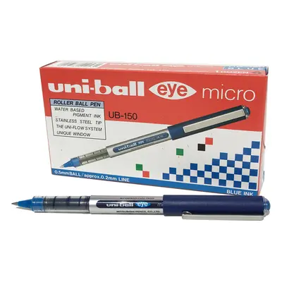 UB-150 Eye Micro Rollerball Pens, Blue Uni Super Ink, .5mm Nib, Box of