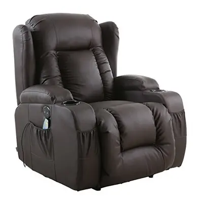 (Brown) CAESAR ELECTRIC LEATHER AUTO RECLINER MASSAGE HEATED GAMING WING CHAIR