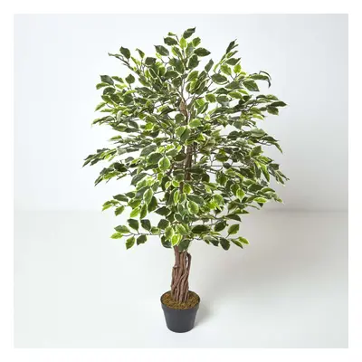 (4 Ft (120 cm), Variegated) Artificial Ficus Tree with Twisted Real Wood Trunk