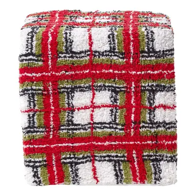 Homescapes Red and White Tartan Pattern Tufted Cotton Cube Pouffe x x cm