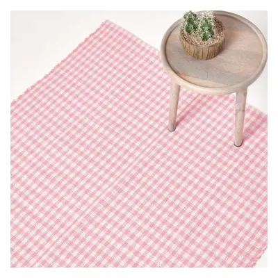 (110 x cm, Pink) Cotton Gingham Check Rug Hand Woven