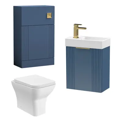 Cloakroom Suite - Fluted Wall Hung Vanity, WC, Toilet and Tap - Blue/Brass