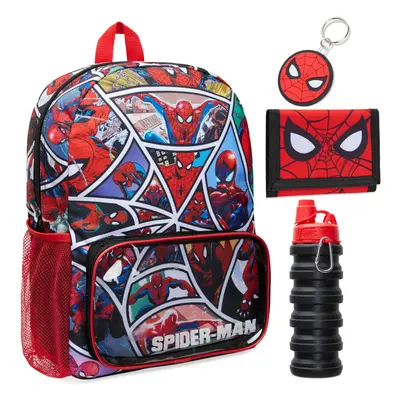 Marvel Spiderman School Bag Set - Piece Backpack Water Bottle Wallet Keychain - Boys Gifts