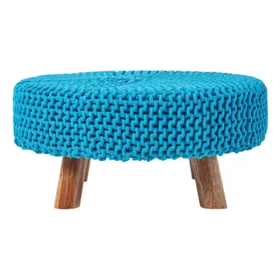 (Teal Blue) Knitted Cotton Footstool with Wooden Legs Large x x cm