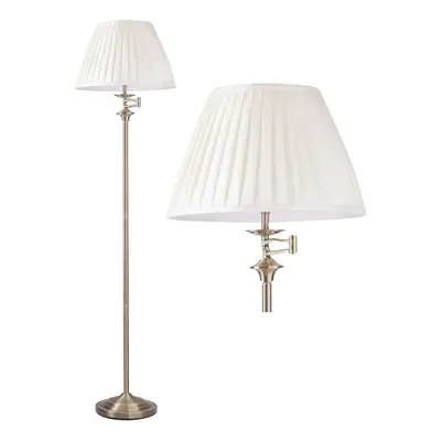 Antique Brass Swing Arm Floor Lamp with White Pleated Shade