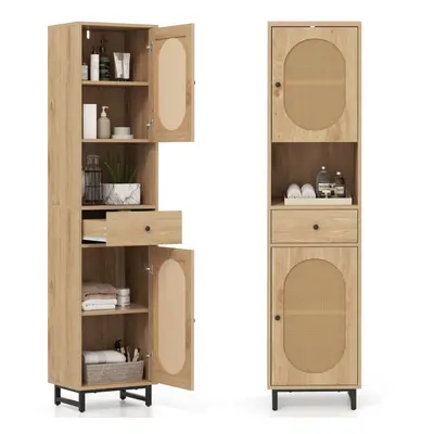 170cm Tall Bathroom Cabinet PE Rattan Floor Cabinet w/ Doors