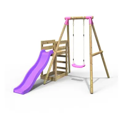 (Solar, Pink) Rebo Wooden Swing Set plus Deck & Slide