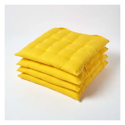 (Set of 4, Yellow) Plain Seat Pad with Button Straps 100% Cotton