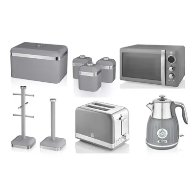 SWAN Retro Grey Dial Kettle Slice Toaster Microwave & Storage Set