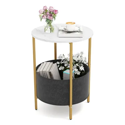 Round End Table Small Space 2-Tier Side Table w/ Fabric Basket-White