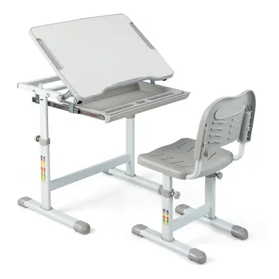 Height Adjustable Kids Study Table and Chair Set with Tilting Tabletop-Grey