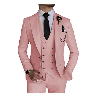 (pink, M) Men's Suits Piece Slim Fit Suits for Men Double Breasted Blazer Vest Pants Set Busines