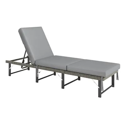 Outsunny Folding Rattan Sun Lounger with Adjustable Back, Cushion, Grey